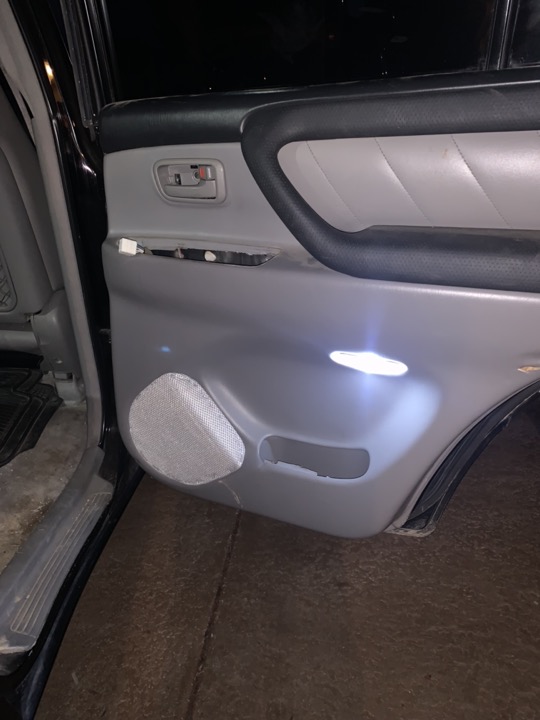 The speaker cover on the rear PS door panel, night shot.